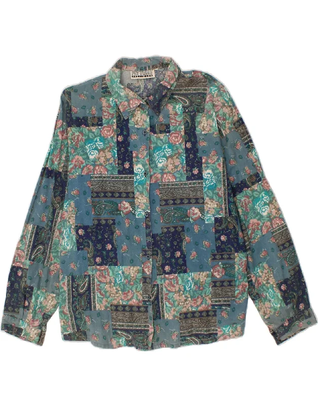 VINTAGE Womens Shirt UK 16 Large Blue Patchwork Classic Solid Short Shirt
