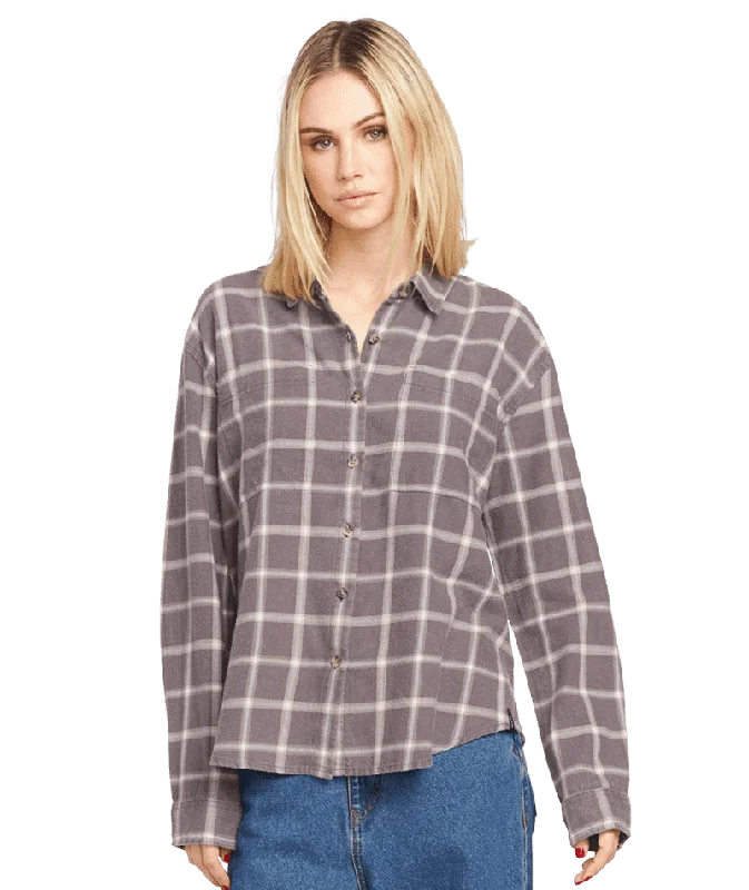 VOLCOM Women's Plaid To Meet U 2 Long Sleeve Shirt Dark Grey Fashionable Tied Short Sleeve