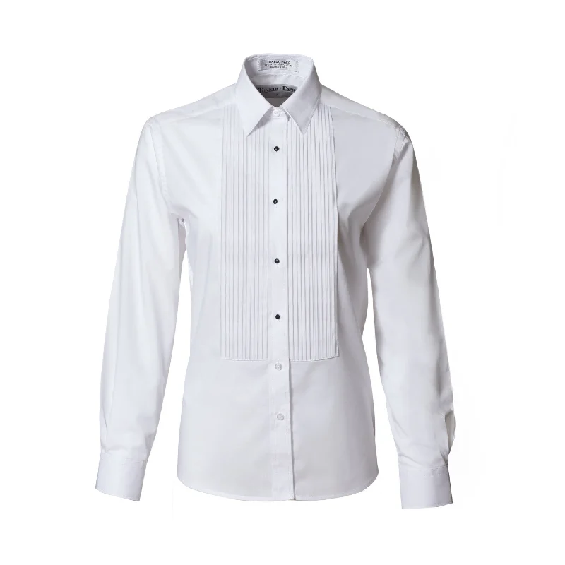 White Laydown Collar 1/4" Pleat Shirt for Women Elegant Lace-Trimmed Short Shirt