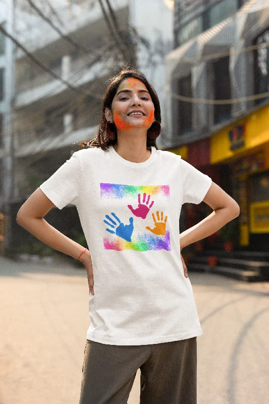 Women Round Neck T Shirt Holi Colourful Hands Casual Short Sleeve Top