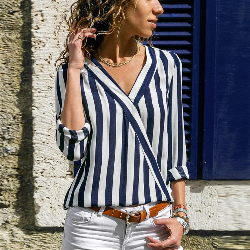 Women Striped Blouse Shirt Long Sleeve Blouse V Stylish Crew Neck Shirt