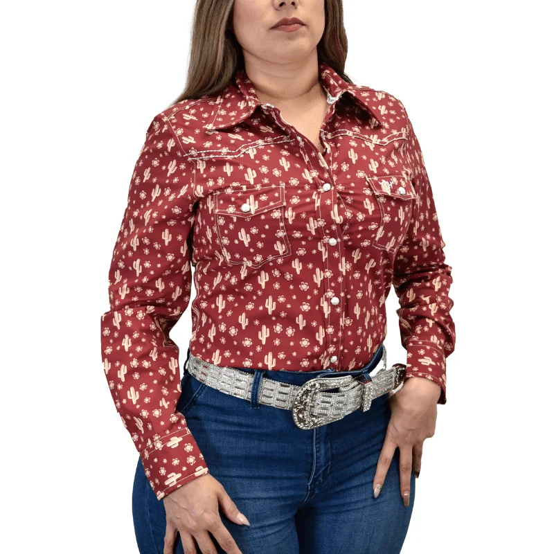 Women's Cowgirl Hardware Burgundy Daisy Cactus Long Sleeve Western Shirt Fashionable Short Sleeve Vest