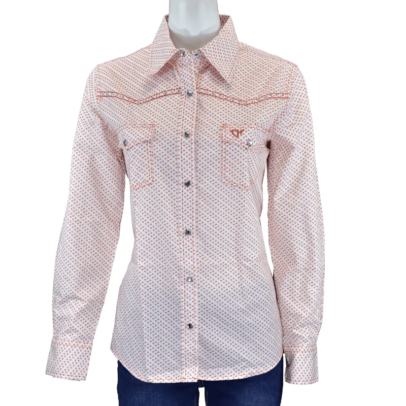 Women's Cowgirl Hardware Coral and White Donut Long Sleeve Western Shirt Elegant Lace Short Sleeve