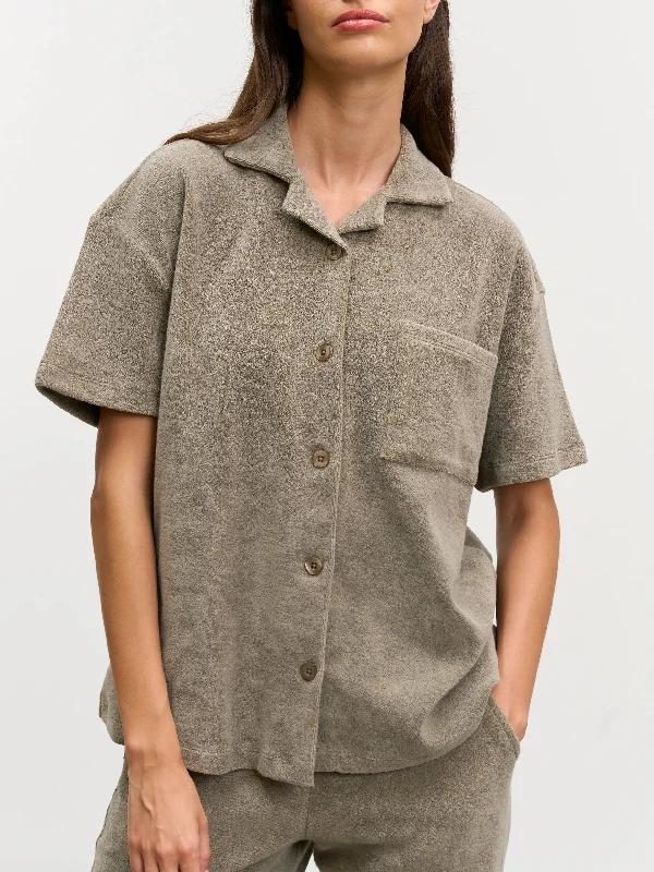 Womens Towelling Revere Collar Shirt in Taupe Modern Casual Short Sleeve