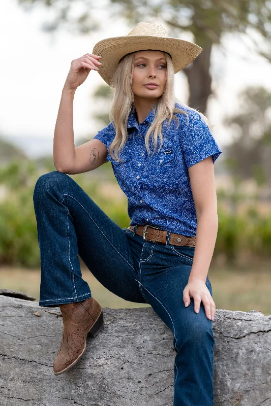 Wrangler Ladies Sheilah S/S Shirt - Blue/White - X3S2132599 Casual Cotton Short Shirt