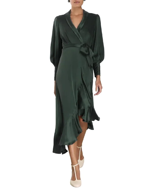 Wrap Midi Dress In Dark Green Trendy Tiered Hem Midi Dress