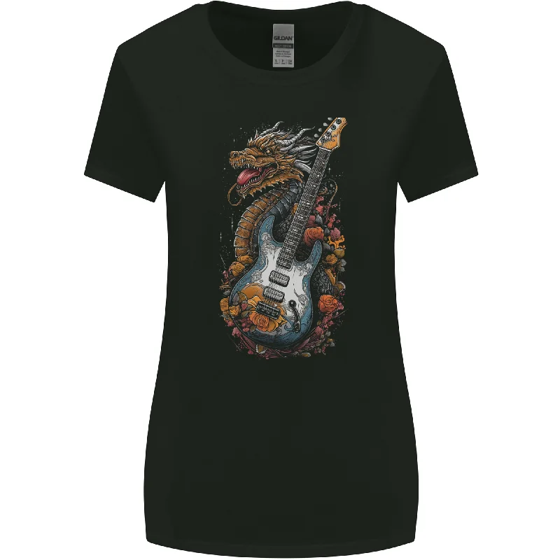 A Dragon and Guitar Rock Music Fantasy Womens Wider Cut T-Shirt Hooded Caped Shawl Collar