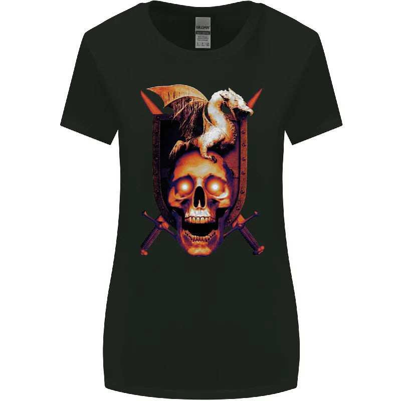 A Dragon on a Skull Swords Fantasy Demon Womens Wider Cut T-Shirt Mesh Blend Leather Blend Suede Blend