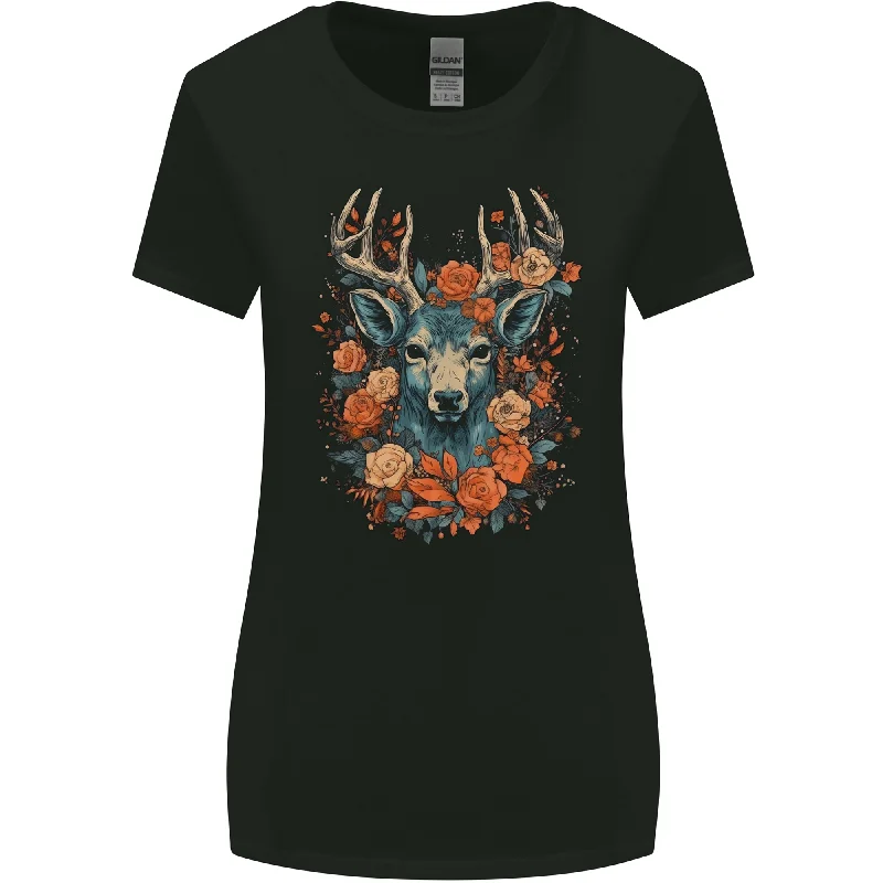 A Fantasy Deer With Flowers Womens Wider Cut T-Shirt Mesh Blend Leather Blend Suede Blend