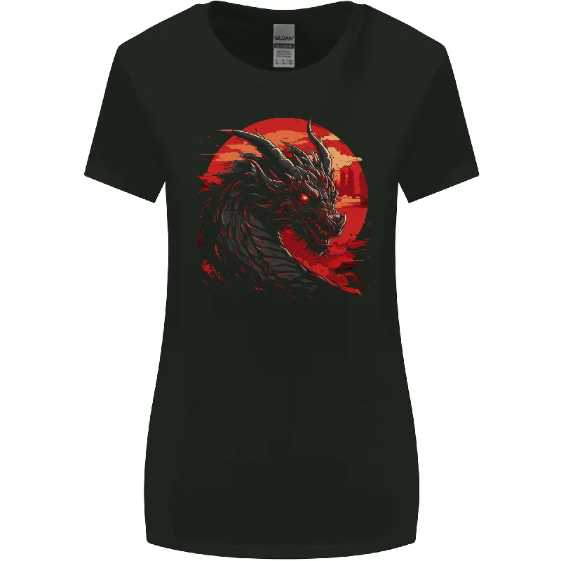 A Fantasy Dragon With a City Backdrop Womens Wider Cut T-Shirt Welt Pockets Slit Pockets