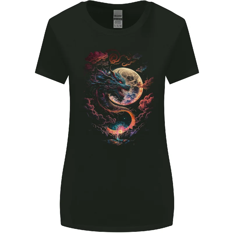 A Fantasy Dragon With a Full Moon Womens Wider Cut T-Shirt Ribbed T-Shirt High Neck Heavyweight