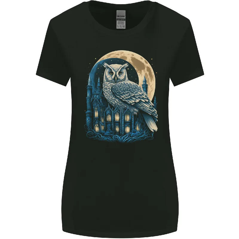 A Fantasy Owl Sitting on a House With Moon Womens Wider Cut T-Shirt Spandex Blend Rayon Blend Denim Blend