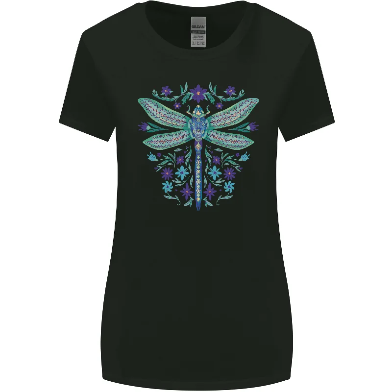 A Floral Dragonfly Womens Wider Cut T-Shirt Rayon Velvet Corduroy