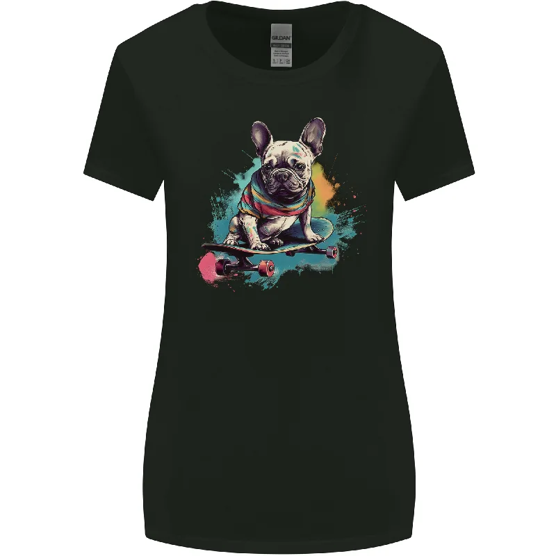 A French Bulldog on a Skateboard Womens Wider Cut T-Shirt V-Neck T-Shirt Long Sleeve Cotton