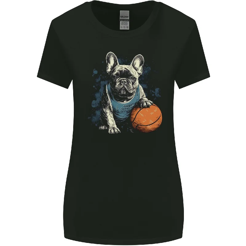 A French Bulldog With a Basketball Dog Womens Wider Cut T-Shirt Solid Color Striped Floral