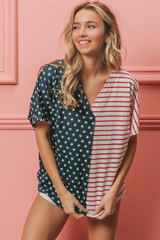 BiBi US Flag Themed Color Block Short Sleeve T-Shirt Rayon Fabric Velvet Fabric Corduroy Fabric BiBi US Flag Themed Color Block Short Sleeve T-Shirt Rayon Fabric Velvet Fabric Corduroy Fabric