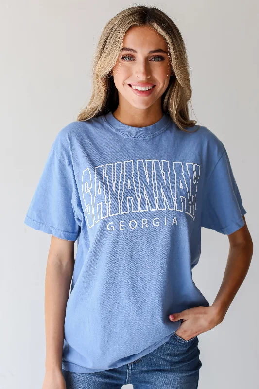 Blue Savannah Georgia Block Letter Tee Polka Dot Checkered Tartan