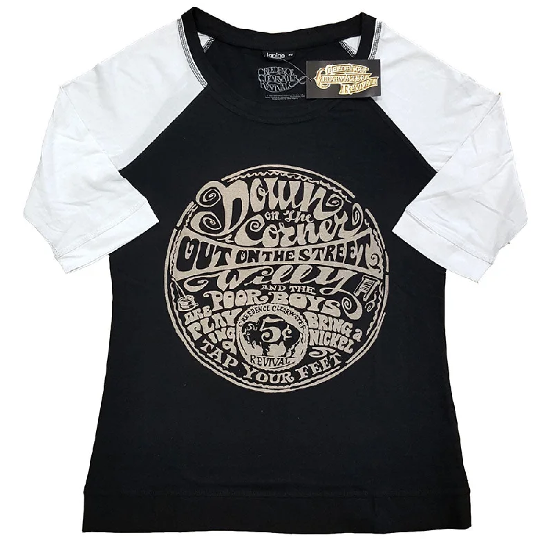 Creedence Clearwater Revival Ladies Raglan T-Shirt: Down On The Corner Collared Crew Neck Turtle Neck Creedence Clearwater Revival Ladies Raglan T-Shirt: Down On The Corner Collared Crew Neck Turtle Neck