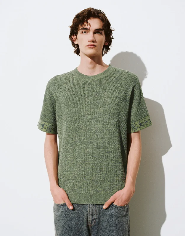 Crew Neck Knitted T-Shirt Welt Pockets Slit Pockets