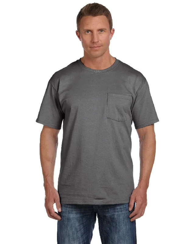 Fruit of the Loom Cotton Pocket T-Shirt | Charcoal Grey Collared Crew Neck Turtle Neck