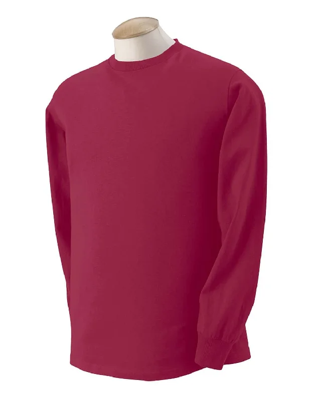 Fruit of the Loom Lightweight Long Sleeve T-Shirt | Maroon Houndstooth Herringbone Solid