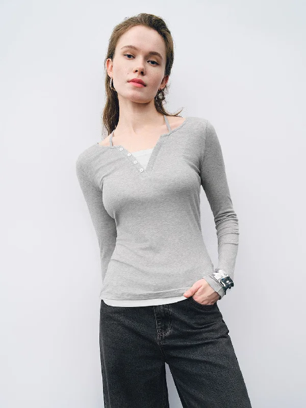 Halter Neck Skinny T-Shirt Mesh Fabric Canvas Fabric Denim Fabric