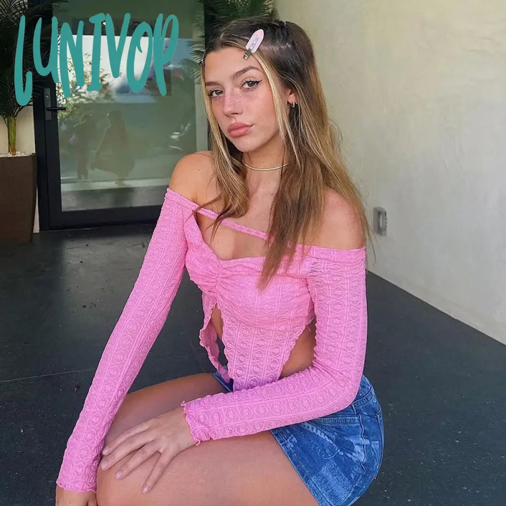 Lunivop Y2k Crop Top Long Sleeve Off The Shoulder Irregular Cut Out Cute Pink Lace T-shirts Streetwear Women Clothing Thin T-Shirt Open Front Quick Dry