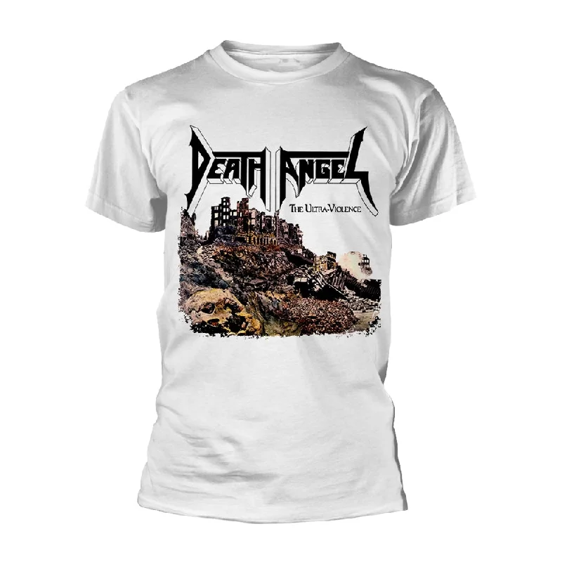 Death Angel Unisex T-shirt: The Ultra-Violence (White) Hooded Caped Shawl Collar