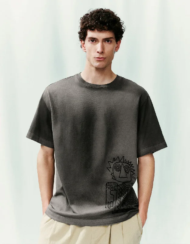 Printed Crew Neck Loose T-Shirt Print Jacquard Patchwork