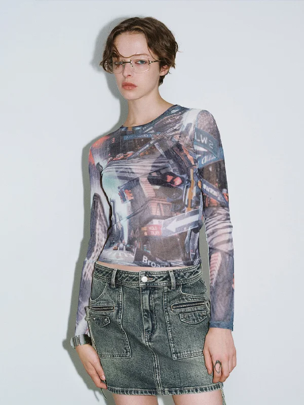 Printed Crew Neck Skinny T-Shirt Spandex Blend Rayon Blend Denim Blend