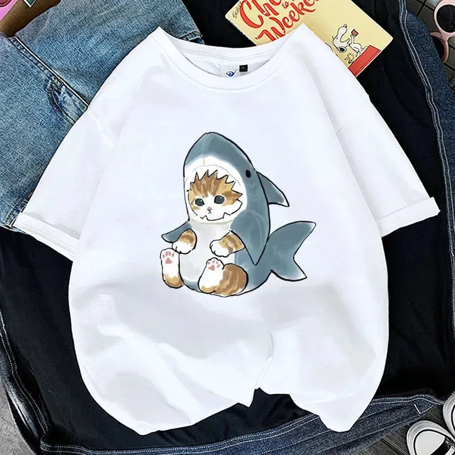 Tops Woman 2024 T Shirt Kawaii Cat Shark Print T-shirt Summer Korean Harajuku Fashion Short Sleeve Tee Funny Animal Graphic Tee Zippered Front Buttoned Front Snap Front