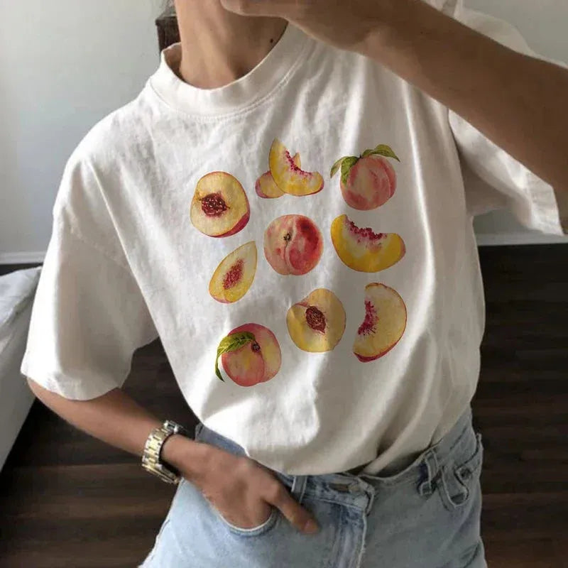 Vintage Peaches Printed Graphic Tees Women Cute Cottagecore Aesthetic T-Shirts Short Sleeve Female Retro Grunge Tops Clothes Nylon Fabric Polyester Fabric Spandex Fabric