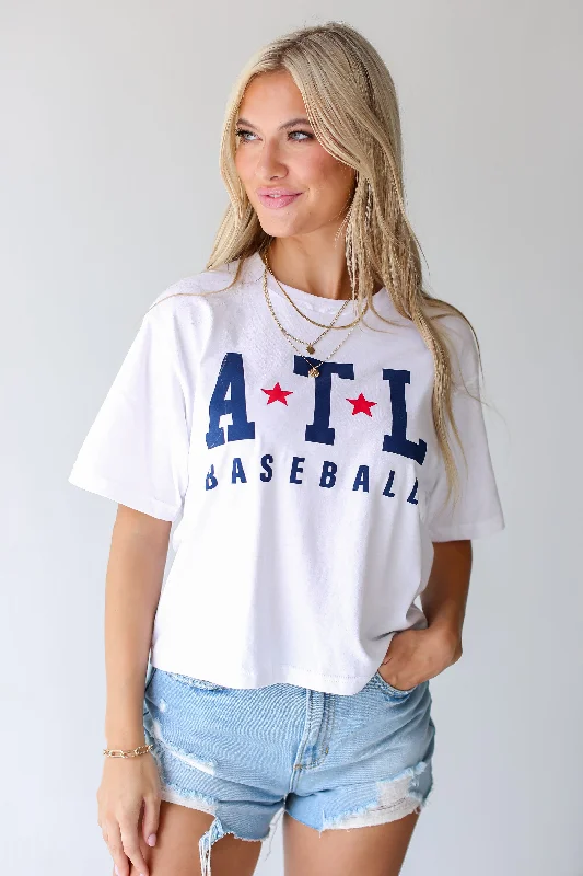 White ATL Star Baseball Cropped Tee Mesh Fabric Canvas Fabric Denim Fabric