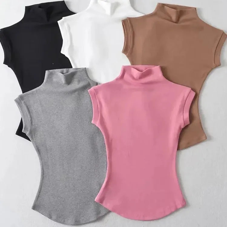 Women Summer Sexy Turtleneck Sleeveless T-Shirts Tops Solid Slim Fit Pullovers Causal Tees Shirts Female Streetwear Basics Tees Layered Multi-layer Single Layer