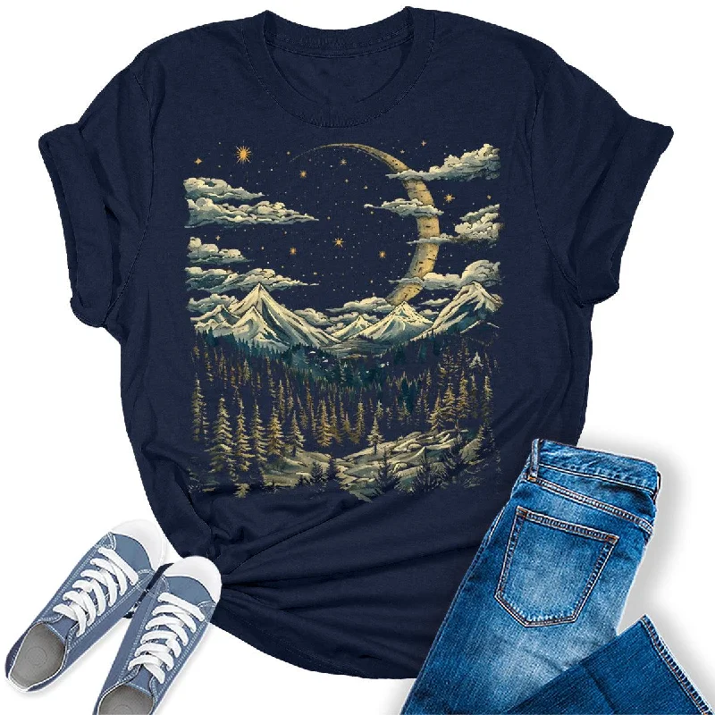Women's Crescent Moon Night Hiking Camping Forest Graphic Tees Embroidered Appliqued Beaded Women's Crescent Moon Night Hiking Camping Forest Graphic Tees Embroidered Appliqued Beaded