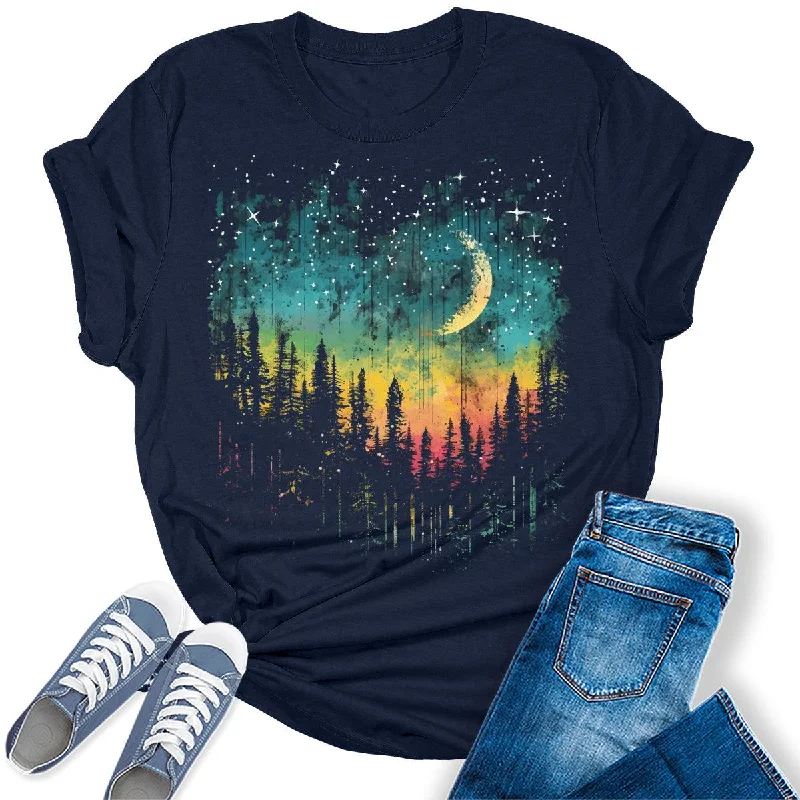 Women's Crescent Northern Lights Camping Forest Graphic Tees V-Neck T-Shirt Long Sleeve Cotton Women's Crescent Northern Lights Camping Forest Graphic Tees V-Neck T-Shirt Long Sleeve Cotton