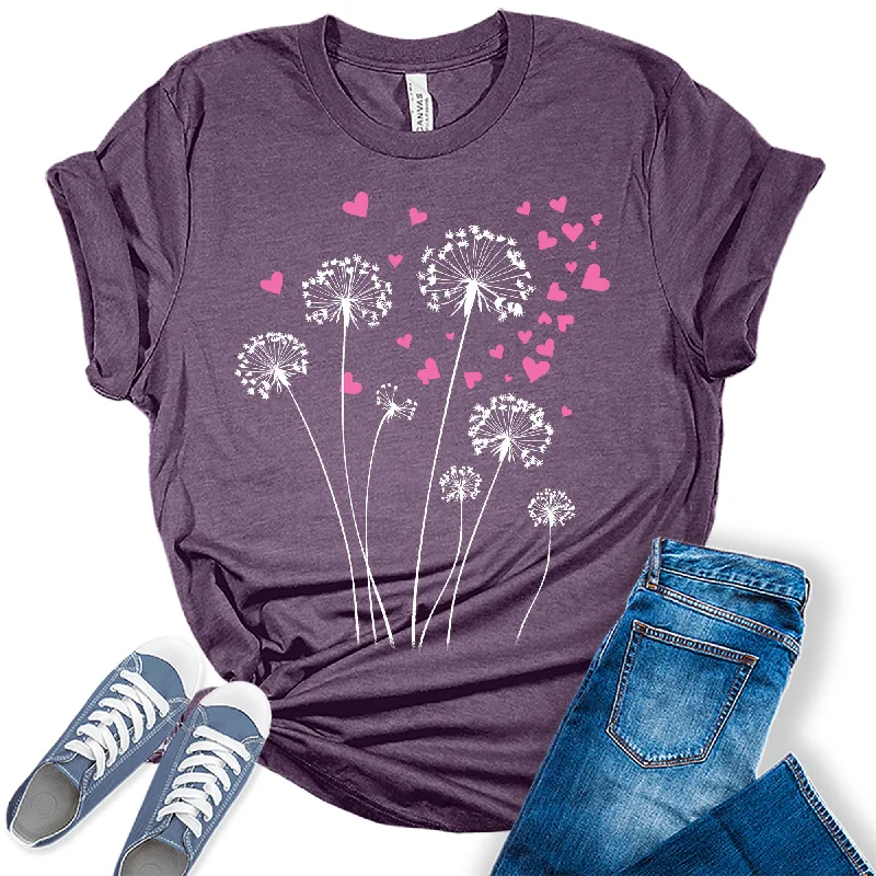 Womens Dandelion Heart T-Shirt Floral Summer Short Sleeve Graphic Tees Handmade Hand-knitted Hand-woven Womens Dandelion Heart T-Shirt Floral Summer Short Sleeve Graphic Tees Handmade Hand-knitted Hand-woven