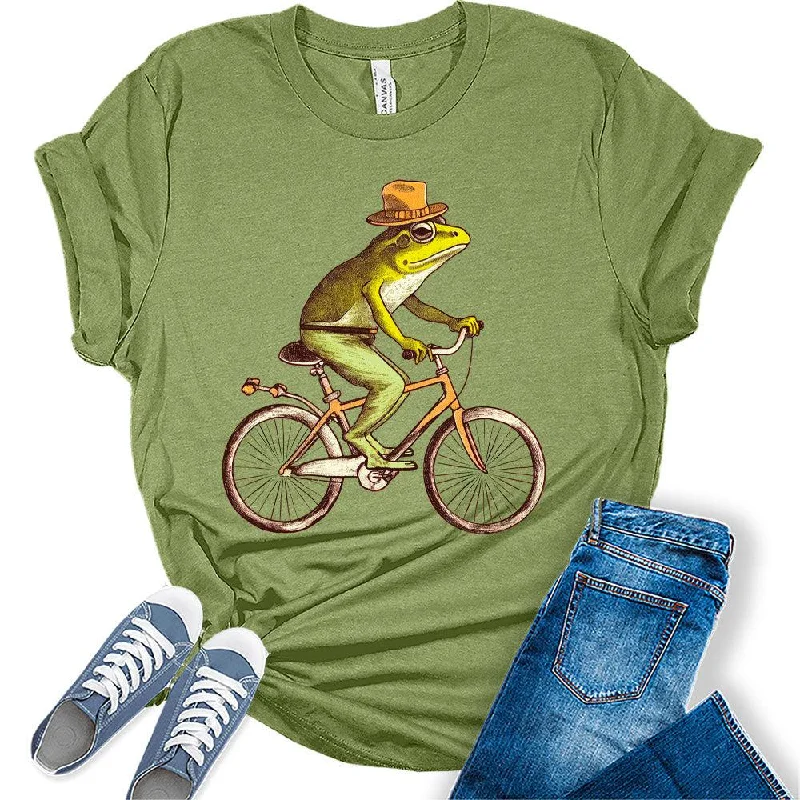 Womens Frog Shirt Cottagecore Aesthetic Frog Riding Bike With Hat T-Shirt Cute Short Sleeve Graphic Tees Plus Size Summer Tops Handmade Hand-knitted Hand-woven Womens Frog Shirt Cottagecore Aesthetic Frog Riding Bike With Hat T-Shirt Cute Short Sleeve Graphic Tees Plus Size Summer Tops Handmade Hand-knitted Hand-woven