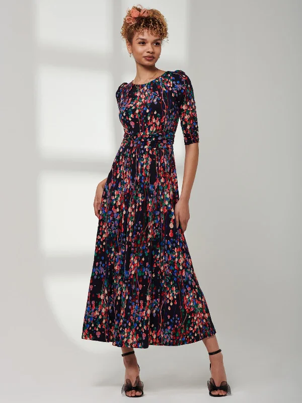 3/4 Sleeve Print Jersey Maxi Dress, Navy Multi Trendy Printed Maxi Dress