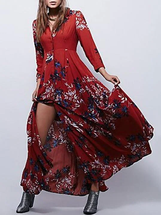 Autumn Floral 3/4 Sleeve V-neck Split-front Bohemia Maxi Dress Elegant Maxi Dress with Belt Autumn Floral 3/4 Sleeve V-neck Split-front Bohemia Maxi Dress Elegant Maxi Dress with Belt