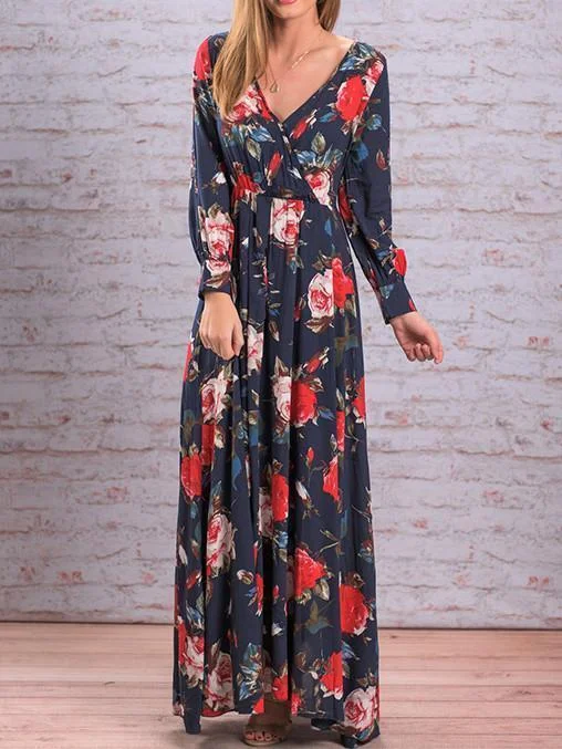 Autumn Floral V-neck Long Sleeves Bohemia Maxi Dress Comfortable Ruffle Hem Maxi Dress Autumn Floral V-neck Long Sleeves Bohemia Maxi Dress Comfortable Ruffle Hem Maxi Dress
