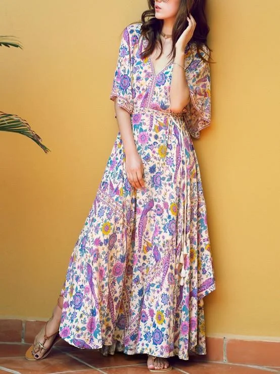 Belted Floral Printed Deep V Neck Off Back Maxi Dress Comfortable Long-Sleeve Maxi Dress Belted Floral Printed Deep V Neck Off Back Maxi Dress Comfortable Long-Sleeve Maxi Dress