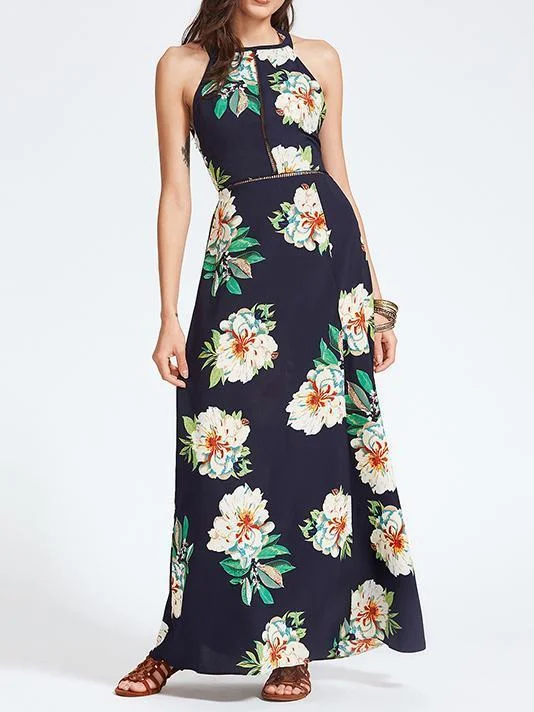 Bohemia Floral Halterneck Backless Sleeveless Maxi Dress Fashionable High-Waist Maxi Dress Bohemia Floral Halterneck Backless Sleeveless Maxi Dress Fashionable High-Waist Maxi Dress