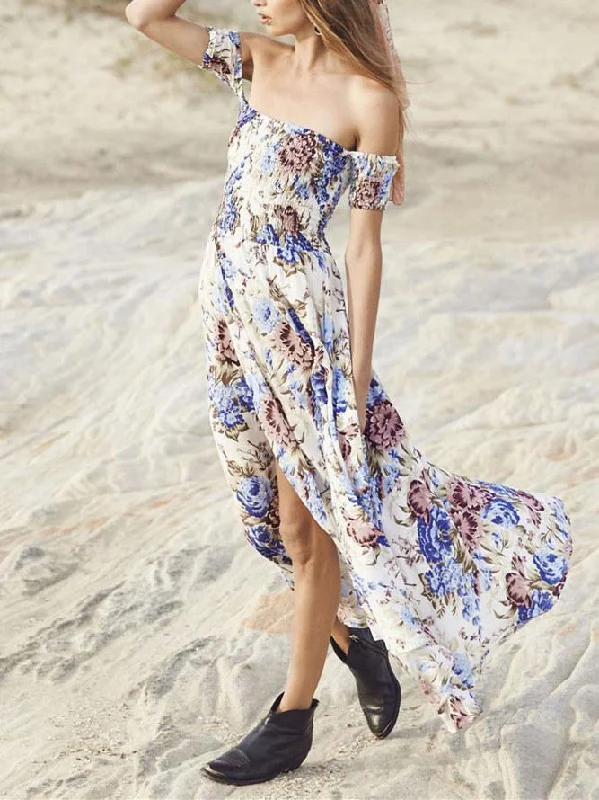 Bohemia Floral-Printed Off-the-shoulder Split-side Maxi Dress Trendy A-Line Maxi Dress Bohemia Floral-Printed Off-the-shoulder Split-side Maxi Dress Trendy A-Line Maxi Dress