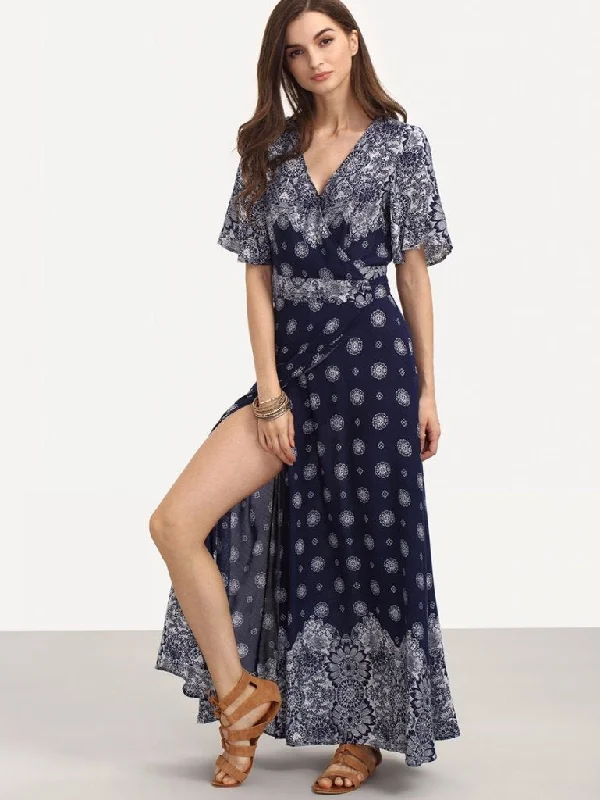 Bohemia Floral Side Split with Tie Short Sleeve Maxi Dress Chic Sleeveless Maxi Dress Bohemia Floral Side Split with Tie Short Sleeve Maxi Dress Chic Sleeveless Maxi Dress