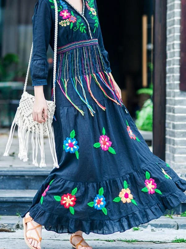 Boho Gypsy Floral Embroidery V Neck Maxi Dress Comfortable Maxi Dress with Sleeves