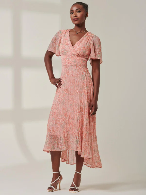 Chelsea Pleated Chiffon Dip Hem Maxi Dress, Coral Multi Comfortable T-Shirt Maxi Dress Chelsea Pleated Chiffon Dip Hem Maxi Dress, Coral Multi Comfortable T-Shirt Maxi Dress