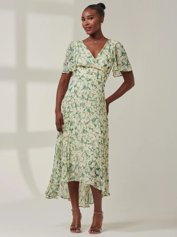 Chelsea Pleated Chiffon Dip Hem Maxi Dress, Green Abstract Stylish Pleated A-Line Maxi Dress Chelsea Pleated Chiffon Dip Hem Maxi Dress, Green Abstract Stylish Pleated A-Line Maxi Dress