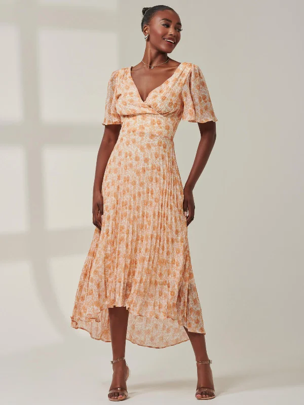 Chelsea Pleated Chiffon Dip Hem Maxi Dress, Orange Floral Fashionable Halter Neck Maxi Dress Chelsea Pleated Chiffon Dip Hem Maxi Dress, Orange Floral Fashionable Halter Neck Maxi Dress