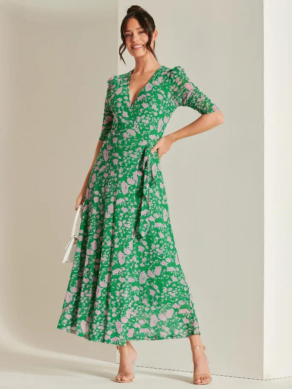 Daliyah Wrap Front Mesh Maxi Dress, Green Floral Fashionable Chiffon Maxi Dress